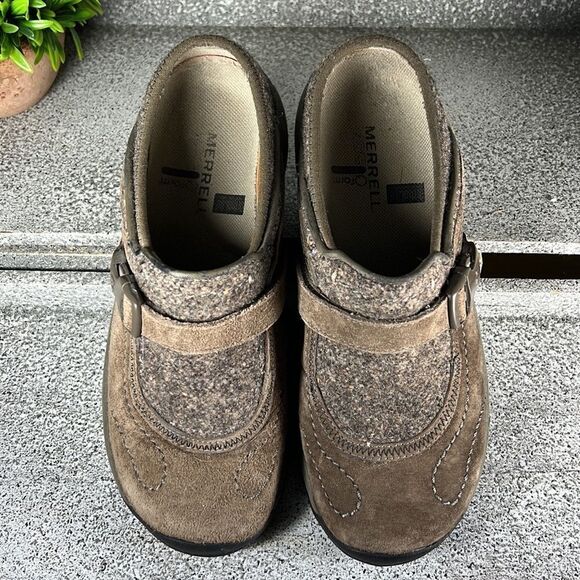 Merrell Encore Side Step Stone Leather Wool Clogs Shoes Mules Size 6 - Picture 2 of 7